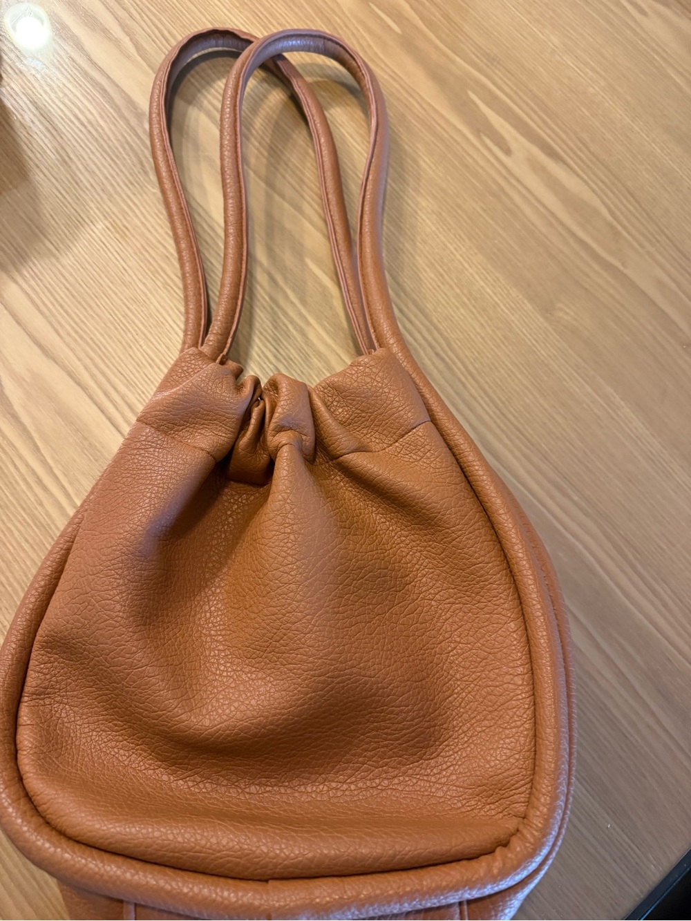Classic Tan Leather Shoulder Bag - Minimal Drawstring Tote